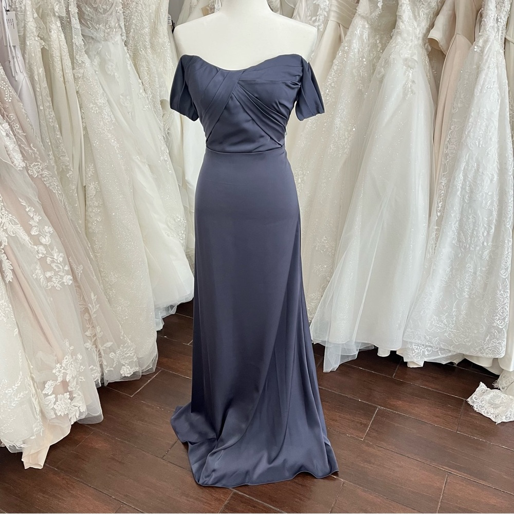 Off-Shoulder Slate Blue Evening Gown